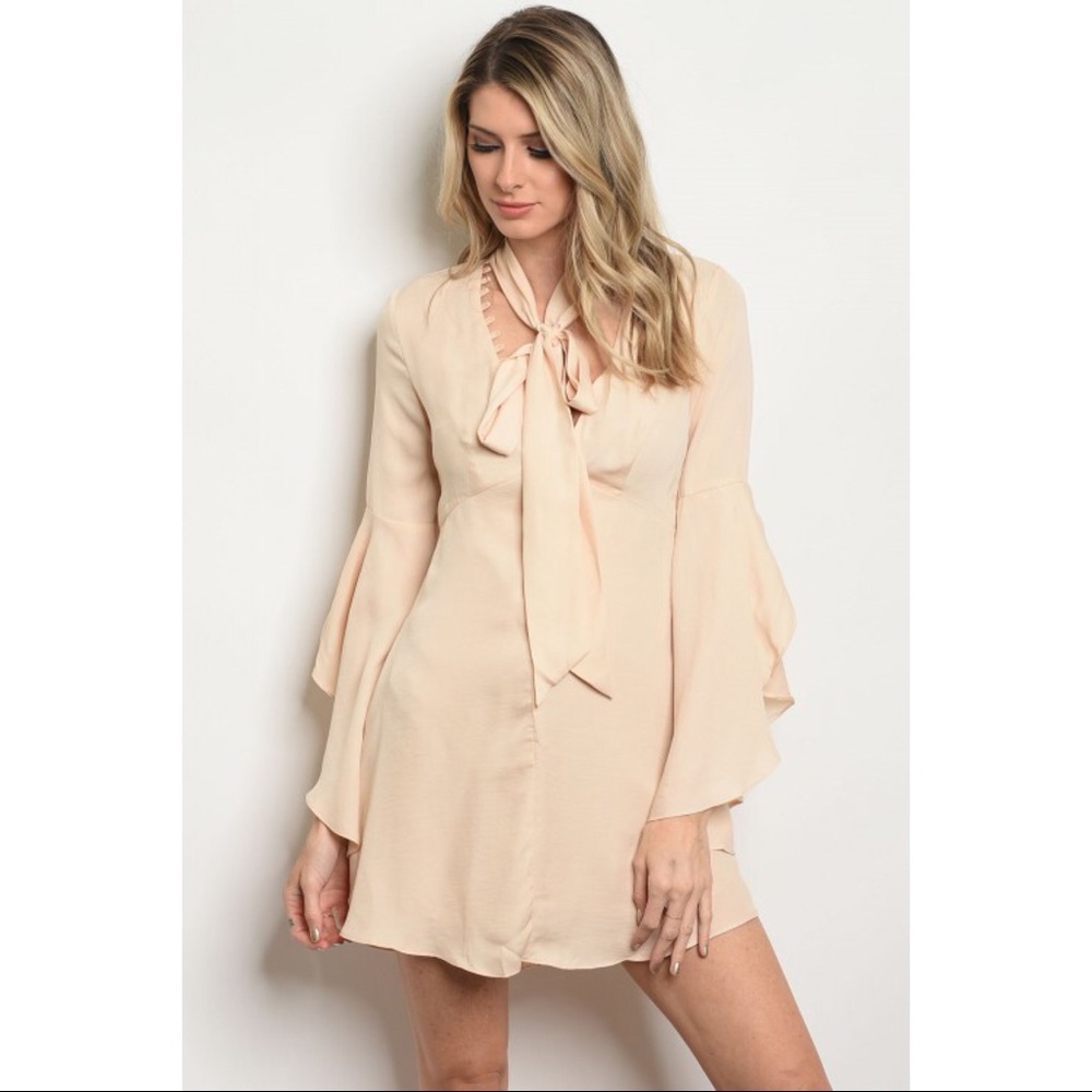 SALES ❗️Nude Neck Tie Satin Short Dress - Picture 2 of 4